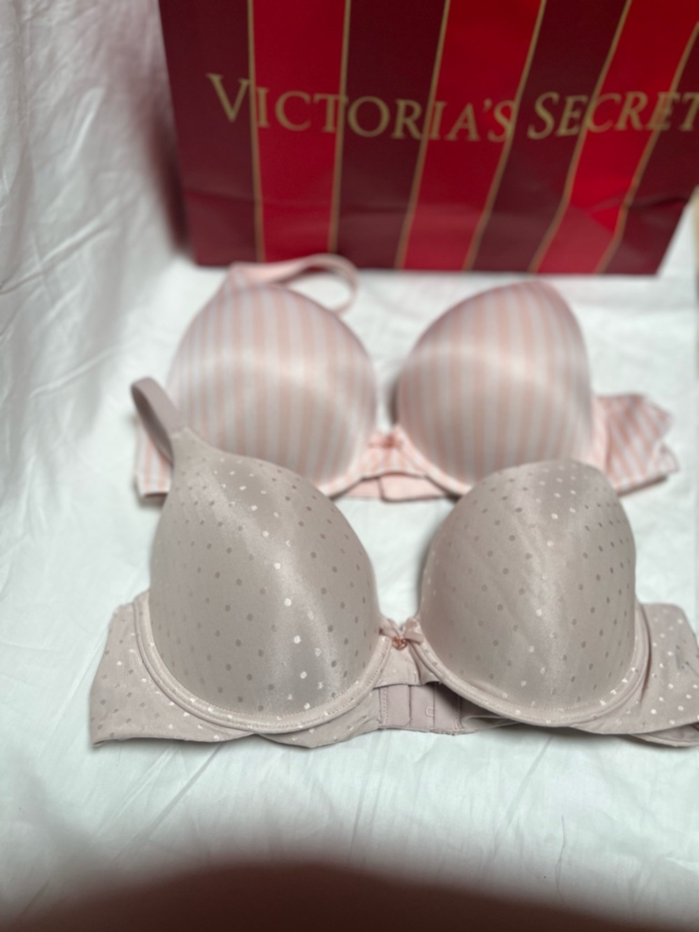 Victoria's Secret Pale Pink Padded Polka Dot & Striped Bra Bundle 36c